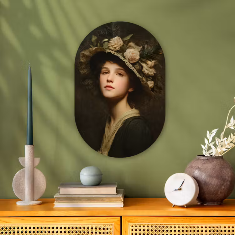 Bloemenhoed - Portret - Vrouw Wandcirkel Ovaal Forex klein -sfeer2