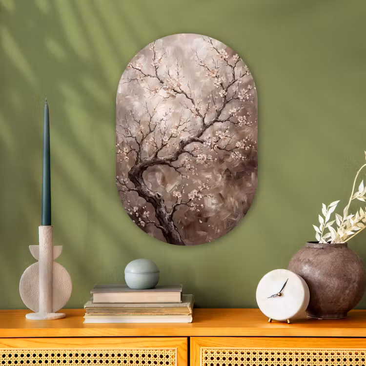 Bloesem - Takken - Schilderij - Beige - Serene Wandcirkel Ovaal Forex klein -sfeer2