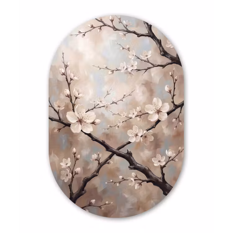 Bloesem - Takken - Schilderij - Beige - Serene Wandcirkel Ovaal Forex klein -3d