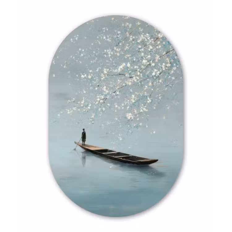 Bloesems - Minimalistisch - Wateroppervlak - Boot Wandcirkel Ovaal Forex klein -3d