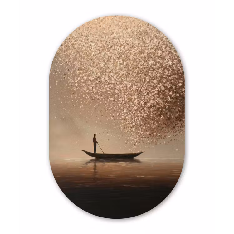 Bootje - Blaadjes - Goud - Water Wandcirkel Ovaal Forex klein -3d