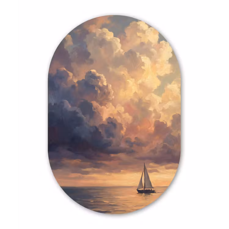 Boot - Zonsondergang - Zee - Natuur - Goud Wandcirkel Ovaal Forex klein -3d