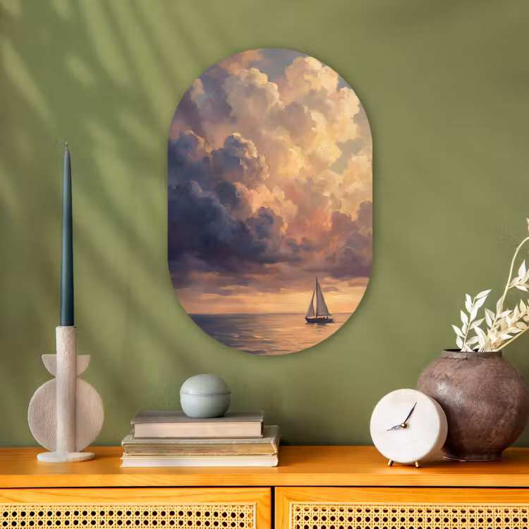 Boot - Zonsondergang - Zee - Natuur - Goud Wandcirkel Ovaal Forex klein -sfeer2