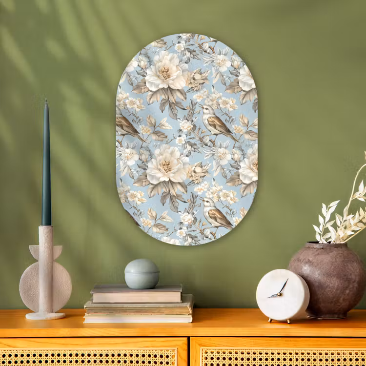 Botanisch - Zangvogel - Blauw Wandcirkel Ovaal Forex klein 630 -sfeer2