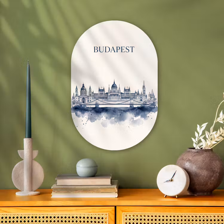 Boedapest - Skyline - Architectuur - Aquarel - Blauw Wandcirkel Ovaal Forex klein -sfeer2