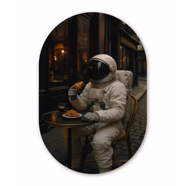 Café - Croissant - Koffie - Astronaut Wandcirkel Ovaal Forex klein -3d