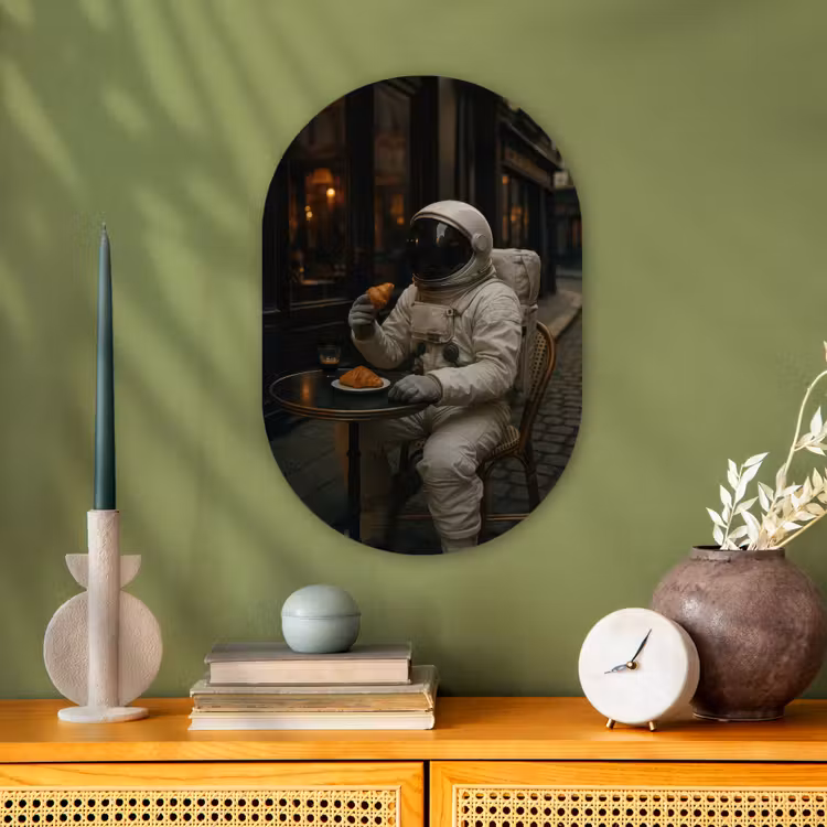 Café - Croissant - Koffie - Astronaut Wandcirkel Ovaal Forex klein -sfeer2