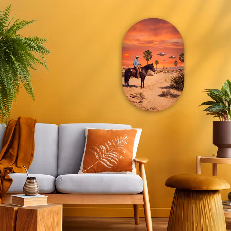 Forexbild Oval - Cowboy – Pferd – Wüste - Cowboy - Paard - Woestijn Wandcirkel Ovaal Forex klein