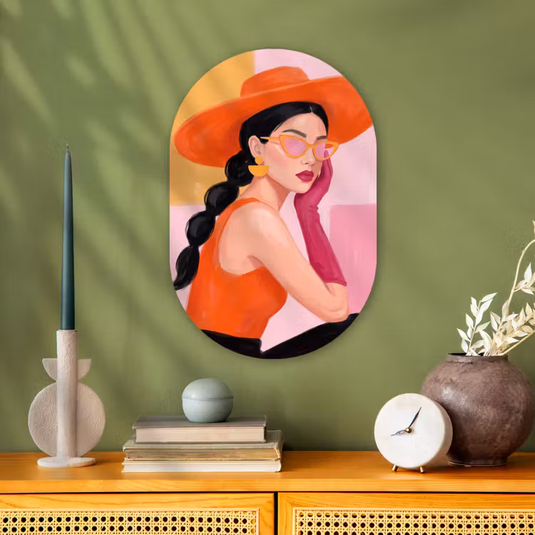 Vrouw - Hoed - Mode - Modern - Oranje Wandcirkel Ovaal Forex klein -sfeer2