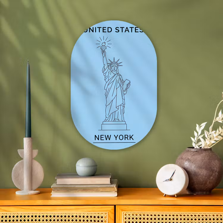 Monument - Vrijheidsbeeld - New York - Minimalistisch - Blauw Wandcirkel Ovaal Forex klein -sfeer2