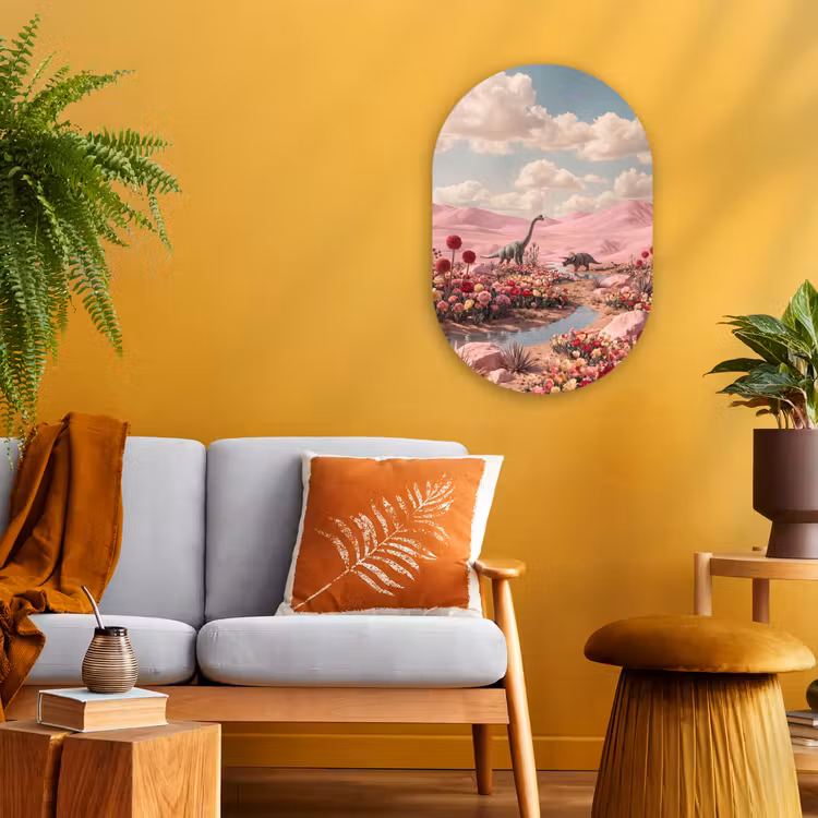 Forexbild Oval - Dinosaurier – Rosa – Landschaft - Dinosaurus - Roze - Landschap Wandcirkel Ovaal Forex klein