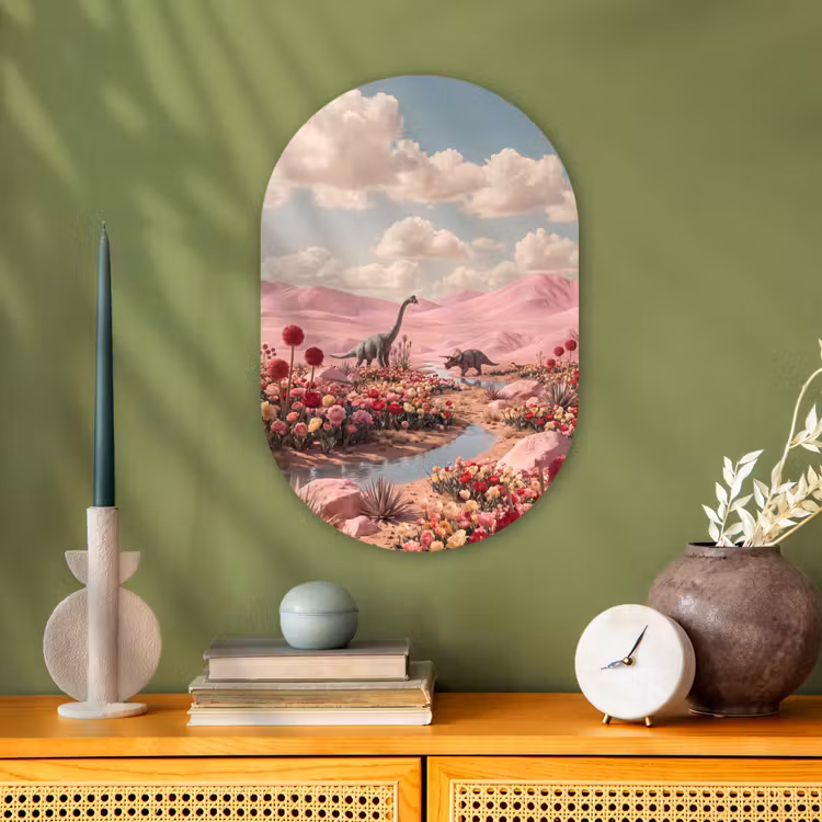 Forexbild Oval - Dinosaurier – Rosa – Landschaft - Dinosaurus - Roze - Landschap Wandcirkel Ovaal Forex klein