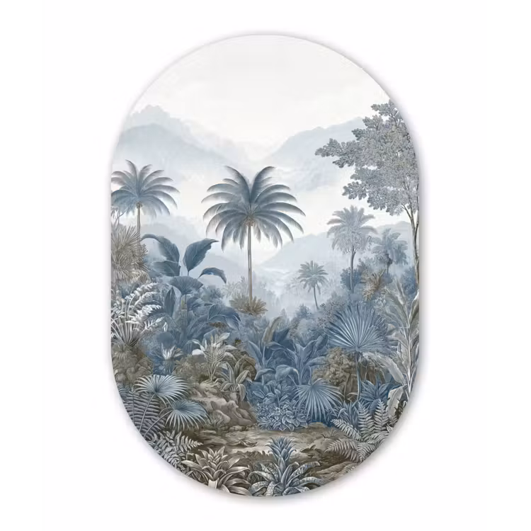 Jungle - Modern - Blauw - Groen Wandcirkel Ovaal Forex klein -3d