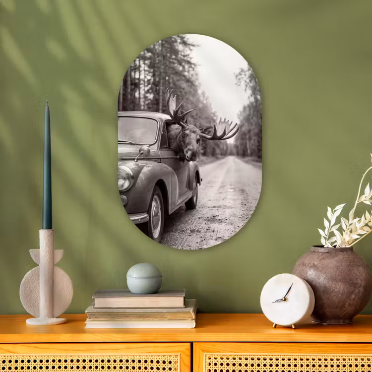 Eland - Auto - Gewei - Zwart - Wit Wandcirkel Ovaal Forex klein -sfeer2