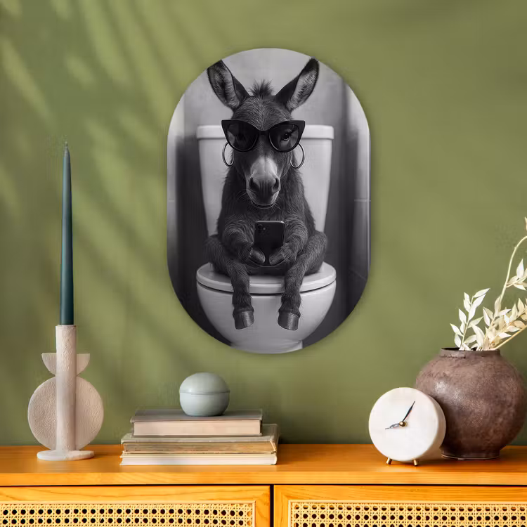 Ezel - Telefoon - Toilet - Zwart - Wit Wandcirkel Ovaal Forex klein -sfeer2