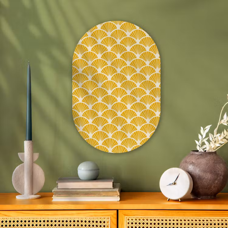 Waaiers - Art Deco - Retro - Okergeel Wandcirkel Ovaal Forex klein 630 -sfeer2