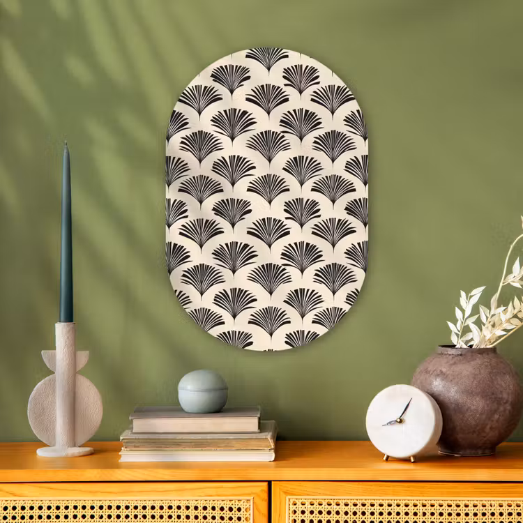 Waaiers - Botanisch - Zwart - Beige Wandcirkel Ovaal Forex klein 630 -sfeer2