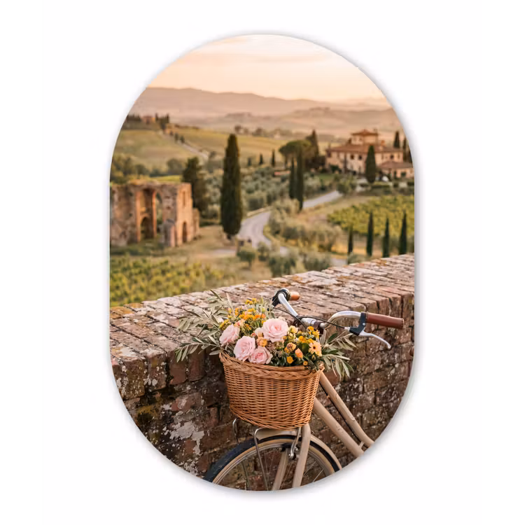 Fiets - Bloemen - Toscane - Landschap - Roze Wandcirkel Ovaal Forex klein -3d