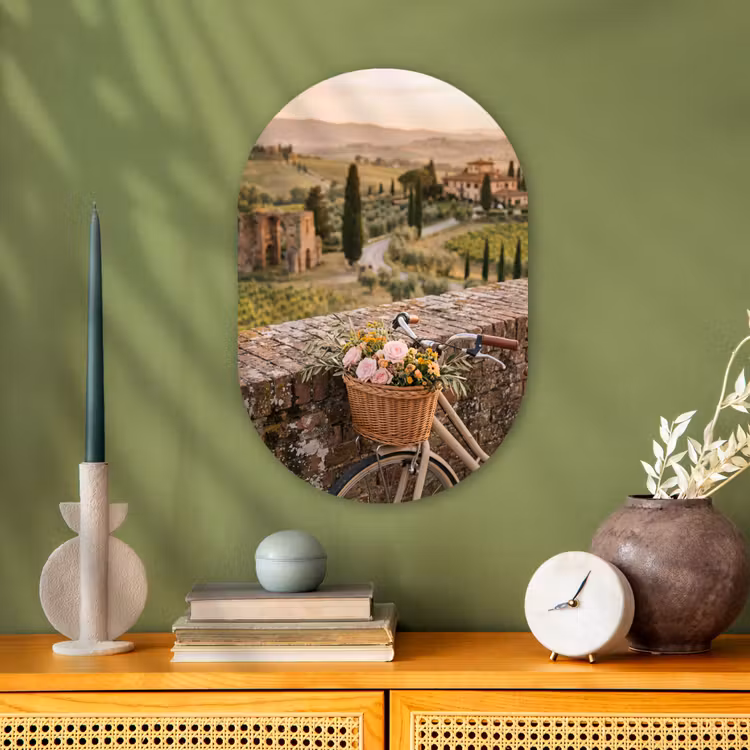 Fiets - Bloemen - Toscane - Landschap - Roze Wandcirkel Ovaal Forex klein -sfeer2