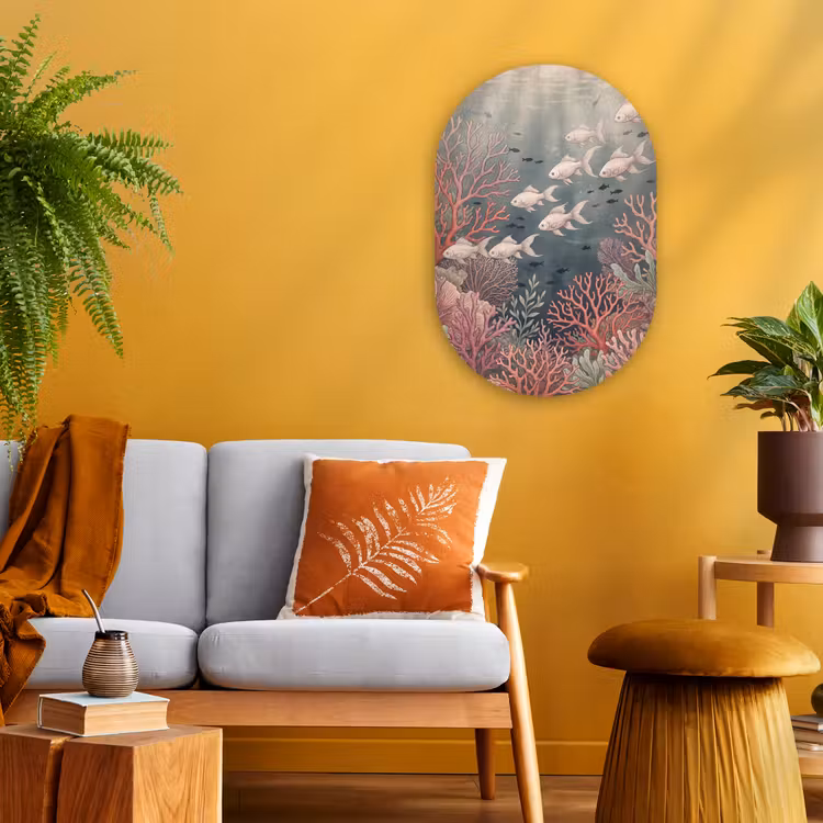 Vis - Koraal - Onderwater - Illustratie - Vintage Wandcirkel Ovaal Forex klein -sfeer4