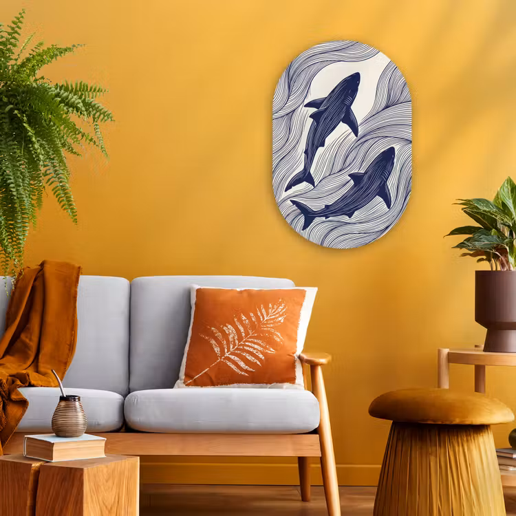 Vis - Oceaan - Lijntekening - Blauw - Dieren Wandcirkel Ovaal Forex klein -sfeer4