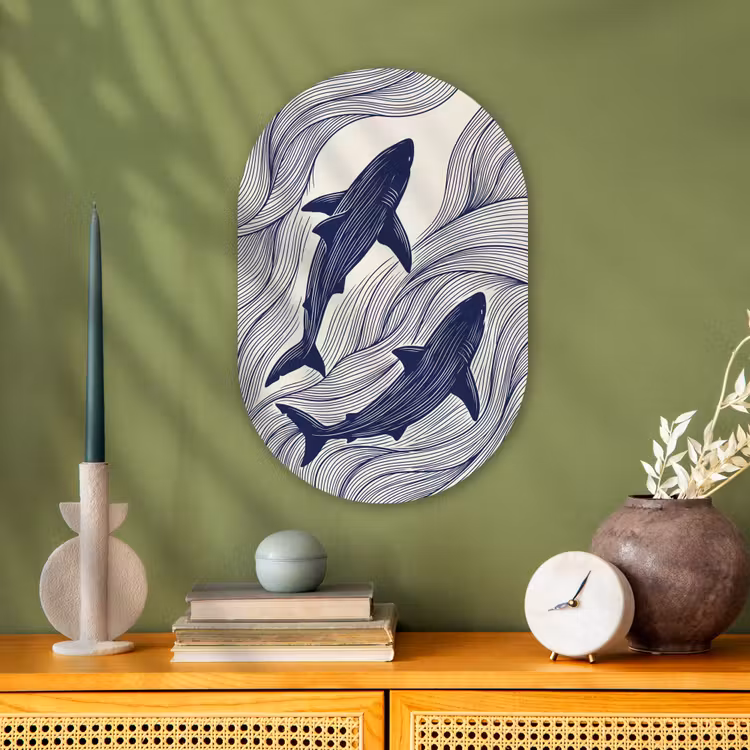 Vis - Oceaan - Lijntekening - Blauw - Dieren Wandcirkel Ovaal Forex klein -sfeer2