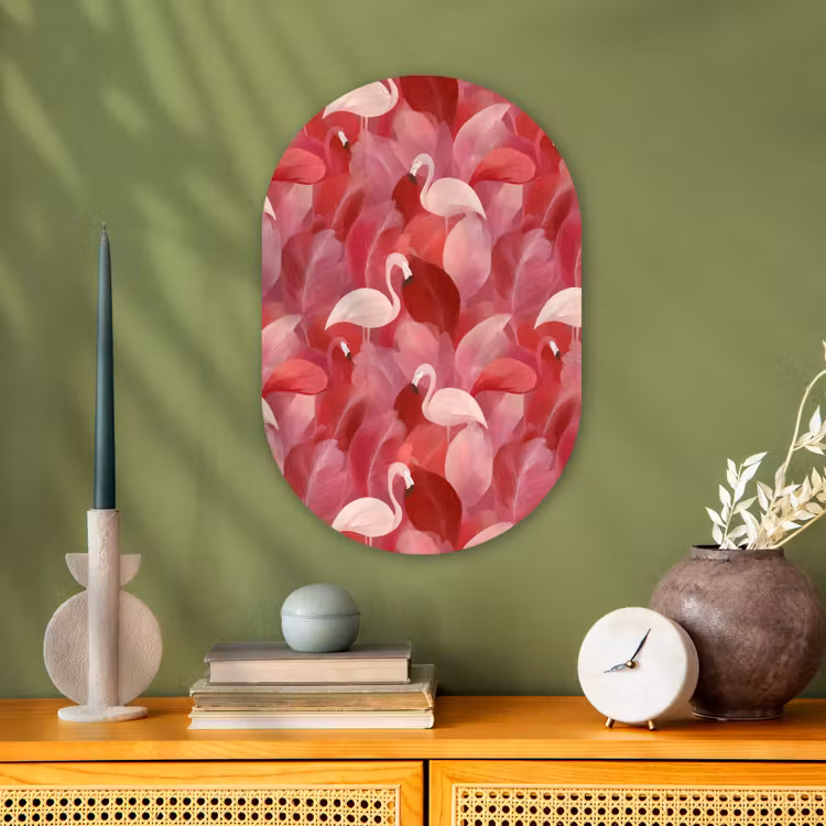 Flamingo - Botanisch - Elegant - Roze - Rood Wandcirkel Ovaal Forex klein 630 -sfeer2