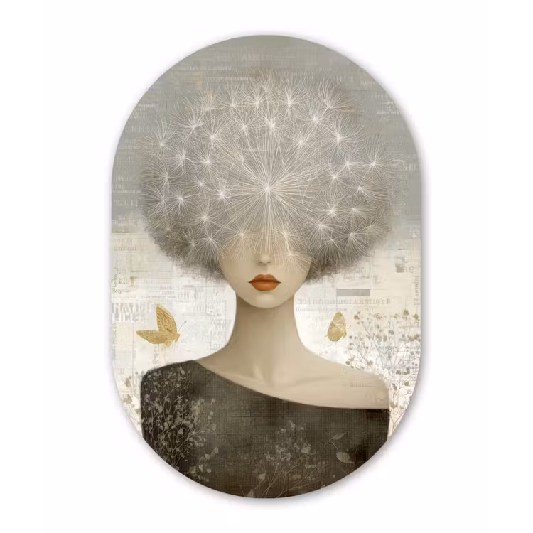 Pluis - Vrouw - Beige Wandcirkel Ovaal Forex klein -3d