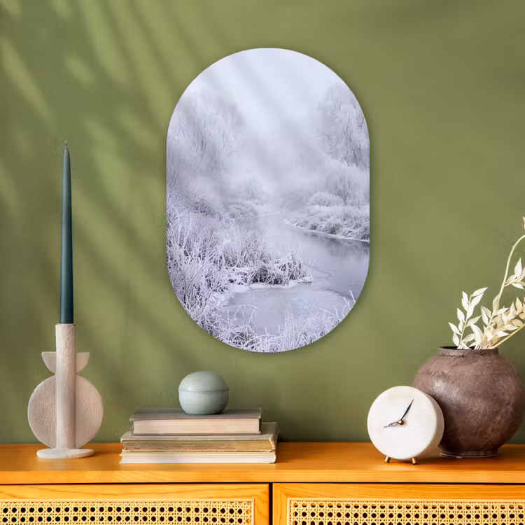 Rivier - Sneeuw - Bos - Winter - Schilderachtig Wandcirkel Ovaal Forex klein -sfeer2
