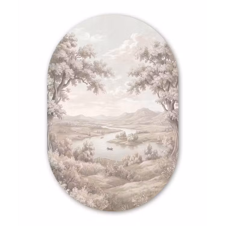 Rivierlandschap - Bergen - Natuur - Vintage - Beige Wandcirkel Ovaal Forex klein -3d
