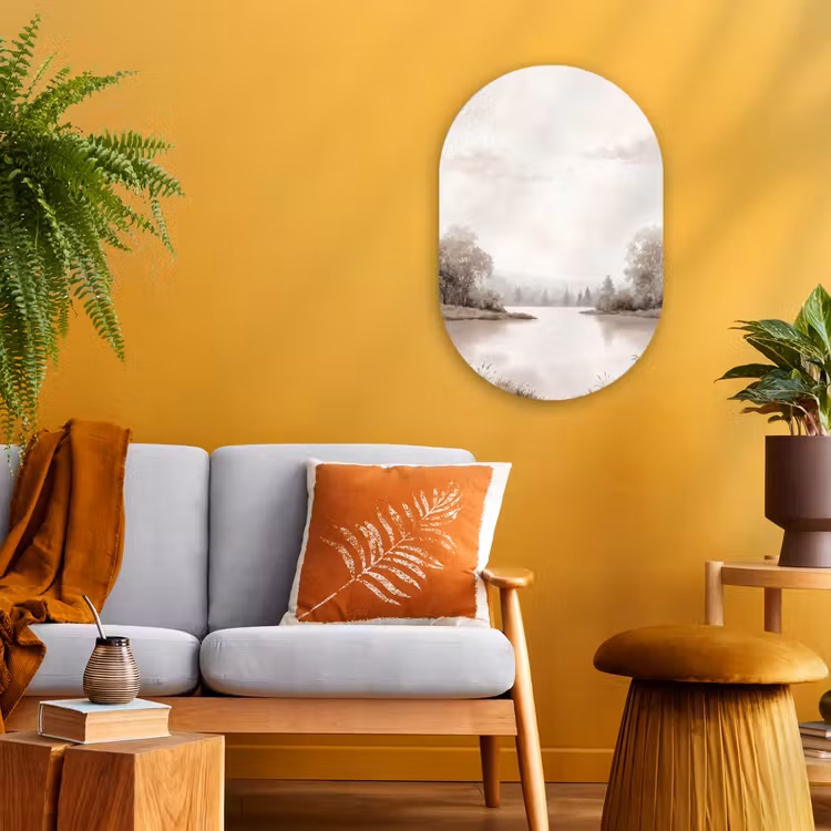 Rivierlandschap - Minimalistisch - Aardetinten Wandcirkel Ovaal Forex klein -sfeer4