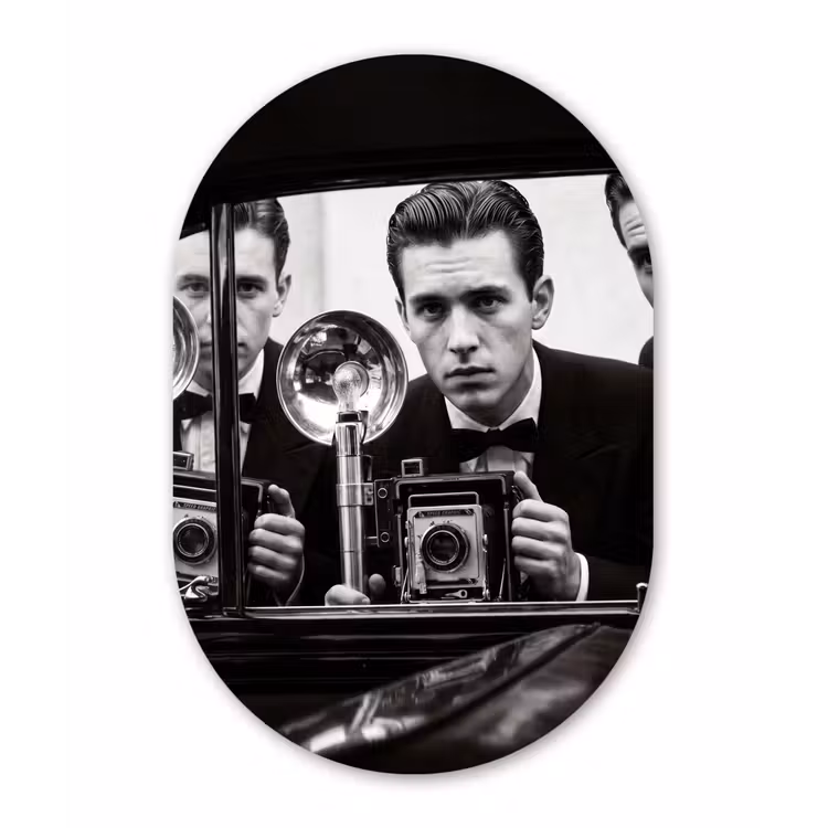 Fotograaf - Camera - Vintage - Journalistiek - Zwart-wit Wandcirkel Ovaal Forex klein -3d