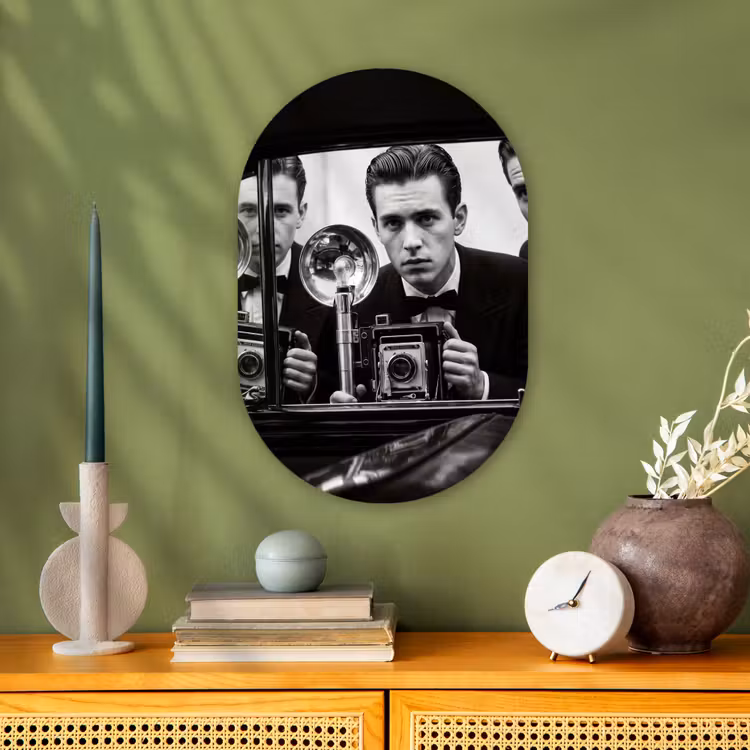 Fotograaf - Camera - Vintage - Journalistiek - Zwart-wit Wandcirkel Ovaal Forex klein -sfeer2