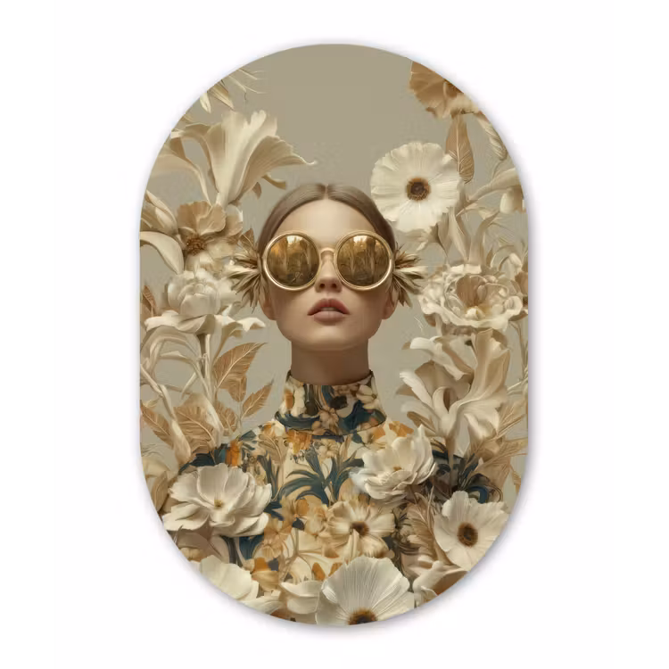 Vrouw - Bloemen - Zonnebril - Wit Wandcirkel Ovaal Forex klein -3d