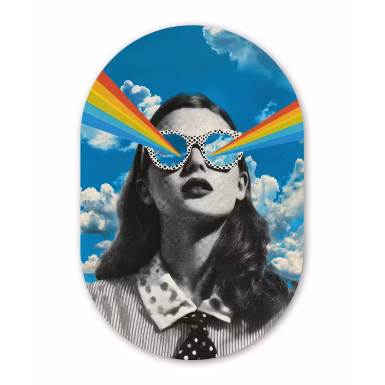 Vrouw - Bril - Regenboog - Wolken Wandcirkel Ovaal Forex klein -3d