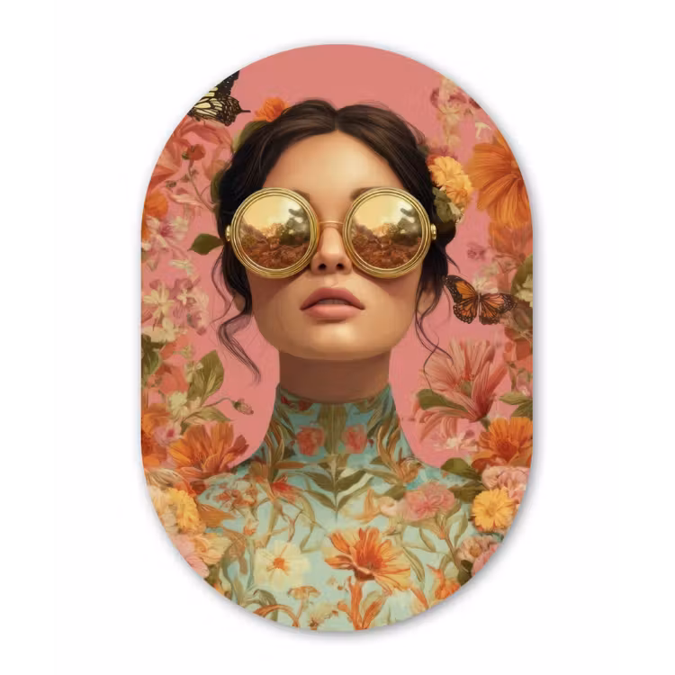 Vrouw - Bril - Roze - Bloemen Wandcirkel Ovaal Forex klein -3d