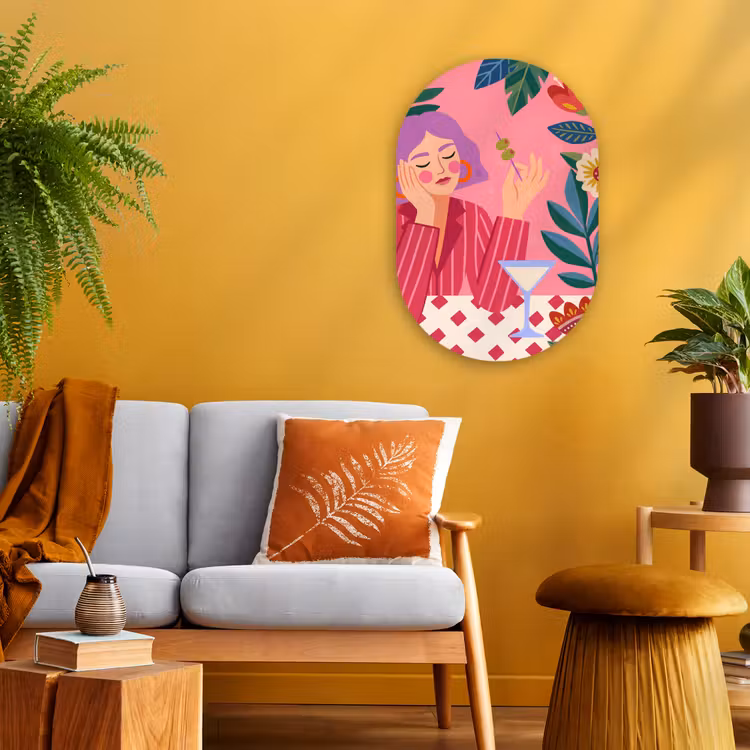 Vrouw - Cocktail - Bloemen - Modern - Roze Wandcirkel Ovaal Forex klein -sfeer4
