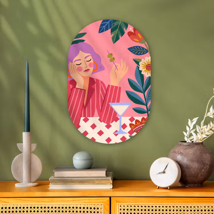 Vrouw - Cocktail - Bloemen - Modern - Roze Wandcirkel Ovaal Forex klein -sfeer2