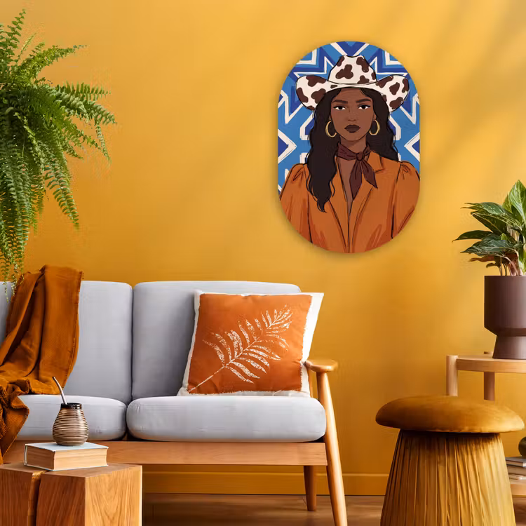 Vrouw - Cowboyhoed - Portret - Modern - Blauw Wandcirkel Ovaal Forex klein -sfeer4