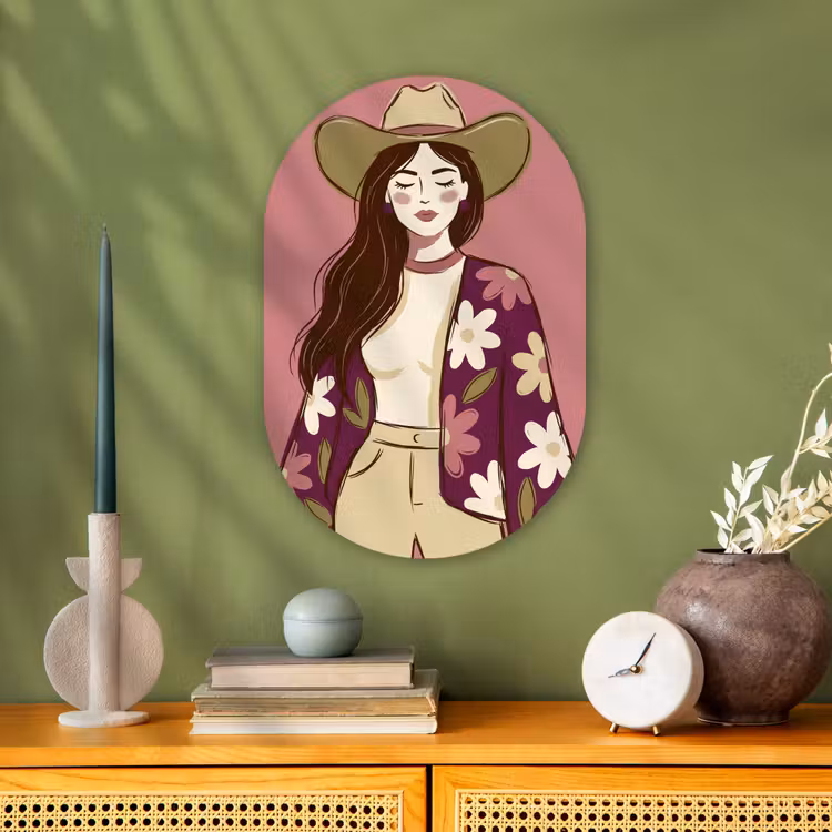 Vrouw - Hoed - Portret - Illustratie - Roze Wandcirkel Ovaal Forex klein -sfeer2
