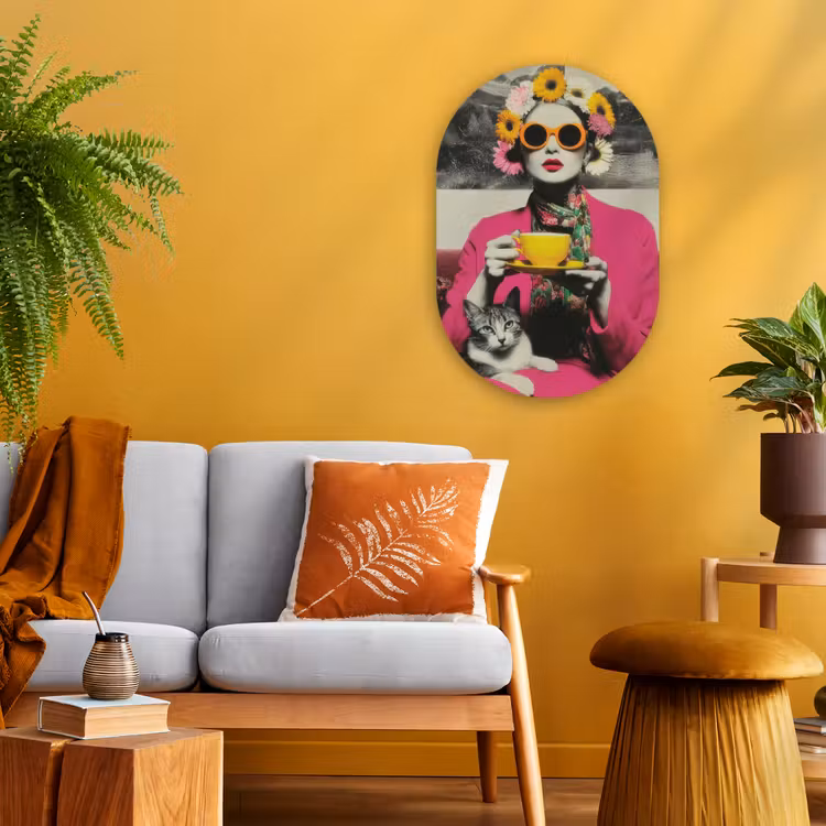 Vrouw - Kat - Bloemen - Kopje - Retro Wandcirkel Ovaal Forex klein -sfeer4