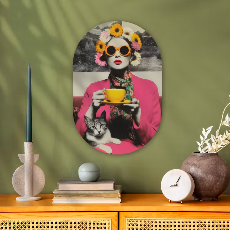 Vrouw - Kat - Bloemen - Kopje - Retro Wandcirkel Ovaal Forex klein -sfeer2