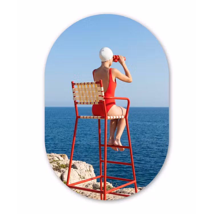 Vrouw - Zee - Kust - Verrekijker - Rood Wandcirkel Ovaal Forex klein -3d