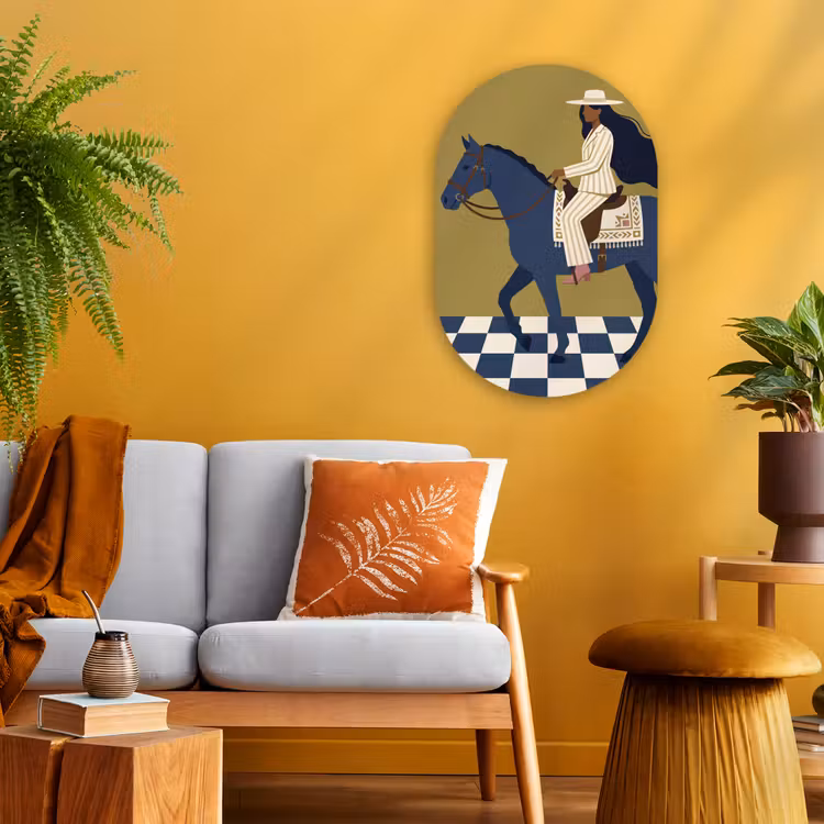 Vrouw - Paard - Rijden - Modern - Abstract Wandcirkel Ovaal Forex klein -sfeer4