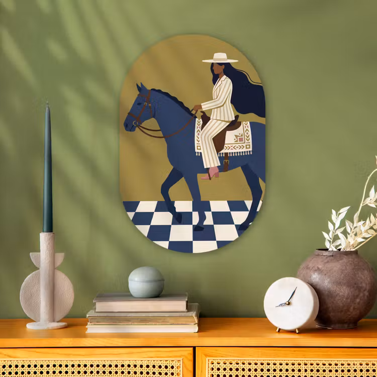 Vrouw - Paard - Rijden - Modern - Abstract Wandcirkel Ovaal Forex klein -sfeer2