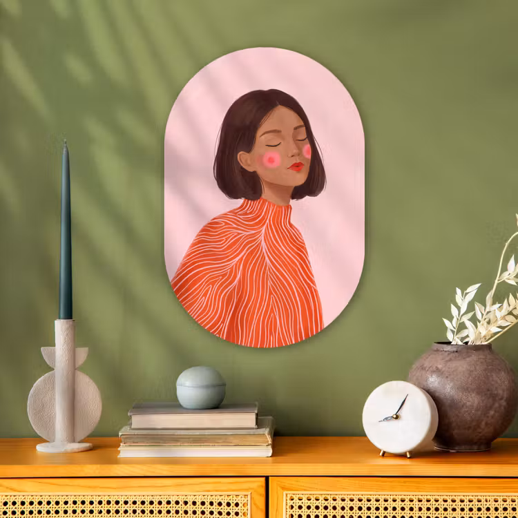 Vrouw - Portret - Modern - Kunst - Roze Wandcirkel Ovaal Forex klein -sfeer2