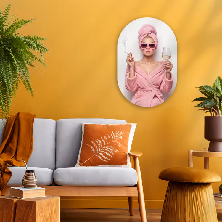 Vrouw - Roze - Wijn - Zonnebril Wandcirkel Ovaal Forex klein -sfeer4