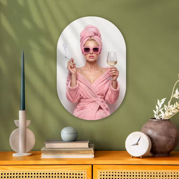Vrouw - Roze - Wijn - Zonnebril Wandcirkel Ovaal Forex klein -sfeer2