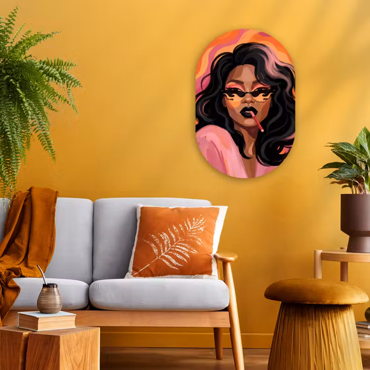 Vrouw - Zonnebril - Modern - Portret - Oranje Wandcirkel Ovaal Forex klein -sfeer4