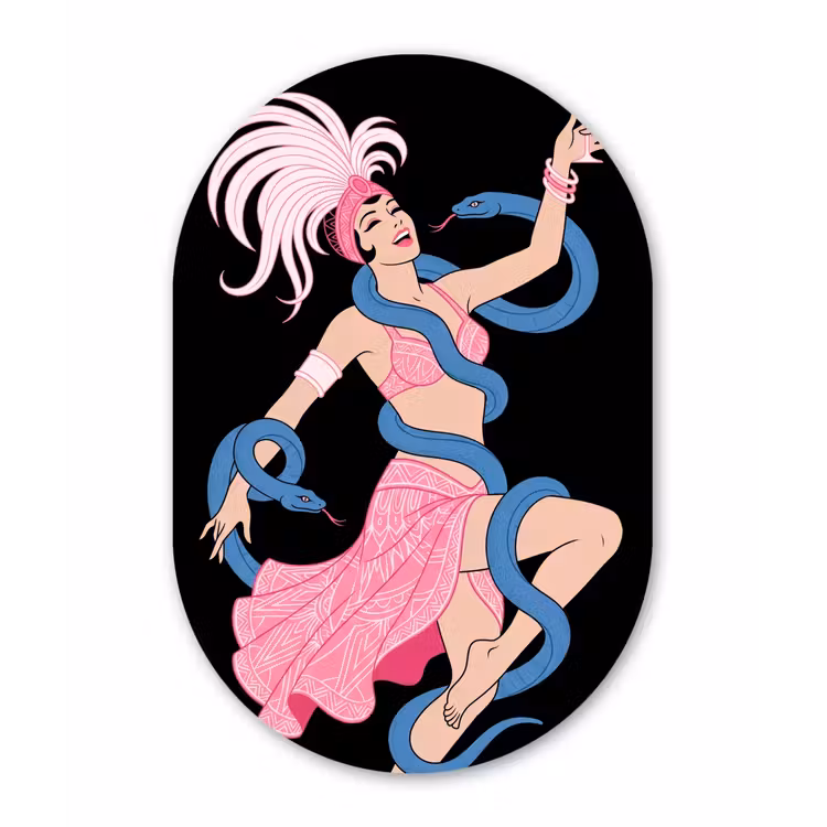 Vrouw - Danseres - Slangen - Art Deco - Roze Wandcirkel Ovaal Forex klein -3d